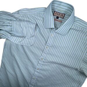 Thomas Pink Dress Shirt Mens 16.5 35 Blue Green Prestige Striped Cotton Classic